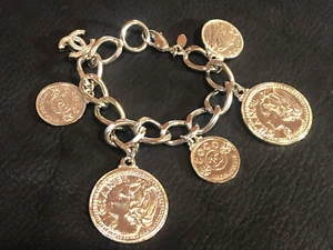 CHANEL Bracelet Bangle AUTH Coco CC chain Logo Vintage Rare Silver Coin No5 F/S - Picture 1 of 20