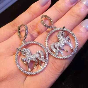 2Ct Round Cut Real Moissanite Drop/ Dangle Earrings 14K White Gold Plated Silver - Picture 1 of 7
