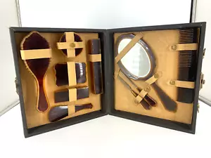 Vintage Zelluloid Waschtisch Set 10-teilig im dunkelbraunen Koffer - Bild 1 von 12