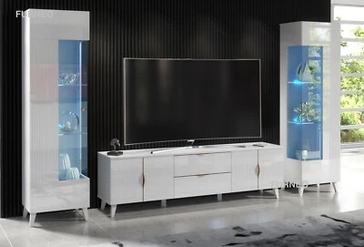 TV Unit White High Gloss &Matt Living Room Set Stand Display Cabinets LED Lights