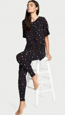 VICTORIA'S SECRET Modal Pajama Set T-Shirt &pant set Black Hearts M Short, L NWT - Image 1 of 4