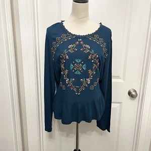 Women's xhilaration Teal Embroidered Accent Boho Chic Long Sleeve Top Blouse XXL - Picture 1 of 10