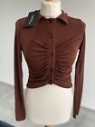 pretty little thing Slinky Ruched Brown Shirt Size 8 New With Tags crop Top