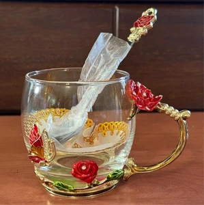 Rose Butterfly Glass Tea Coffee Cup with Spoon and Coaster 3D Design - Picture 1 of 13