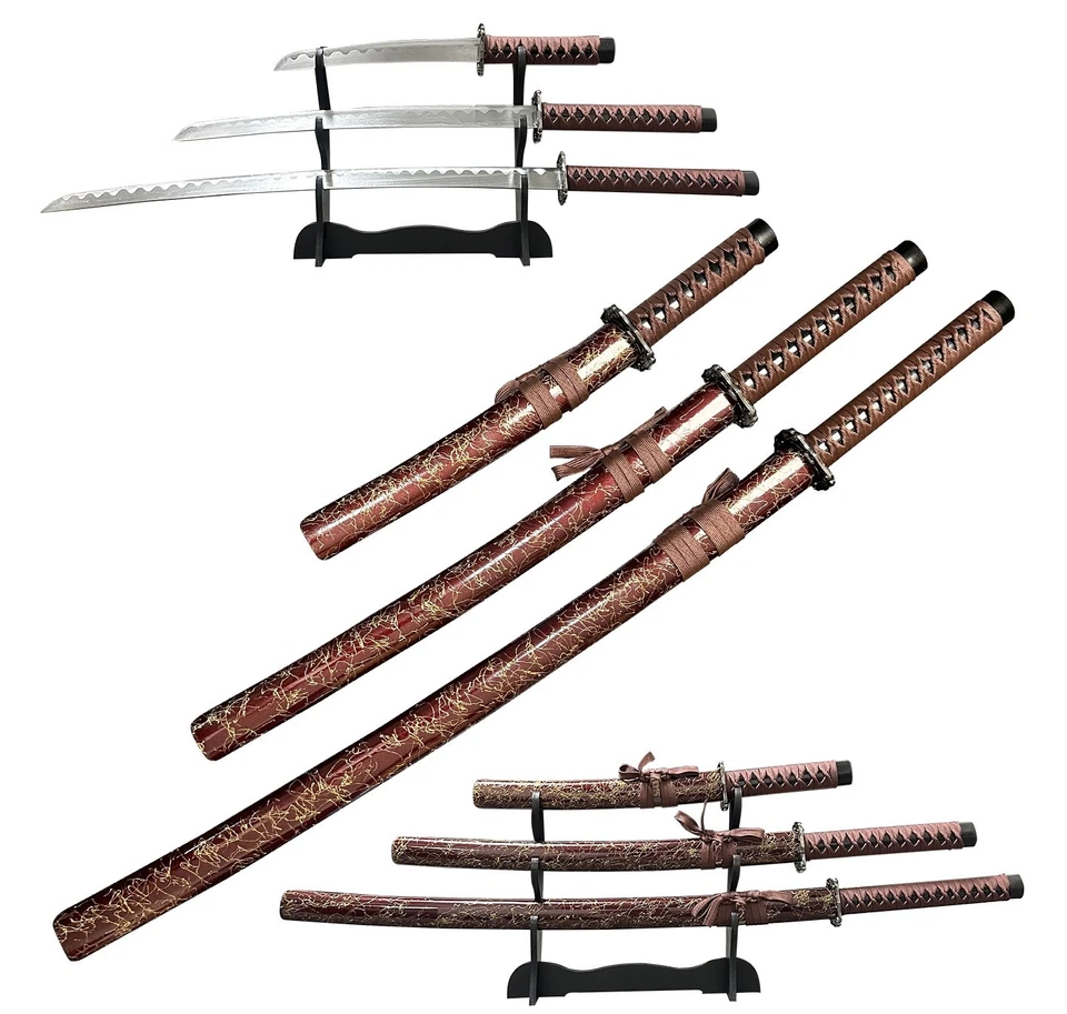 3pcs Japanese Samurai Katana Sword Set w/ Stand – Brown Silk Scabbard / 1060 Ste - Image 1 of 4