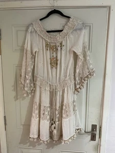 New Made in Italy Lagenlook Cream Beaded Lace Pom Pom Tassel Dress-One Size BNWT - Picture 1 of 15