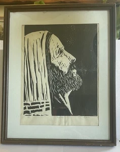 Vintage Signed Judaica Woodcut Print Praying Jewish Man Wrapped Taliis Framed - Picture 1 of 14