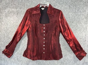 Agora Red Elegant Pleats Buttons Size M Long Sleeve Shiny Satin Blouse Top - Picture 1 of 11
