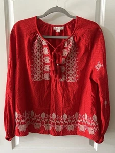 Knox Rose Women's M Red Embroidered Boho Peasant Top Tassles Long Sleeves - Picture 1 of 6