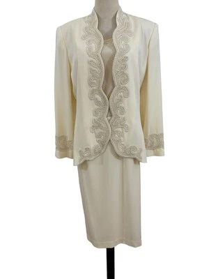 De Colección 80 Nolan Miller 3 Piezas Falda Traje Conjunto Marfil Cuentas Chaqueta Cami Falda Talla 12  Foto 1 de 4