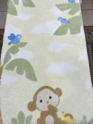 Carter's MONKEY Blue Birds Palm Trees Jungle Yellow Fleece Baby Blanket - Image 1 of 4
