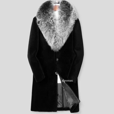 Men's Faux Fur Mid Long Trench Coat Lapel Overcoat Thicken Fashion Casual Retro - Image 1 of 4