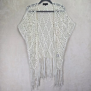 POL Crochet Open Knit Kimono Cardigan Large Fringe Bohemian Festival Cover Up - Picture 1 of 9