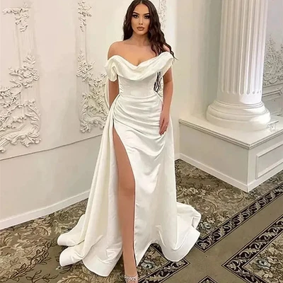 Elegant Satin Wedding Dresses Backless Off Shoulder High Split Civil Bridal Gown - Image 1 of 4