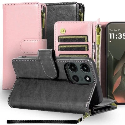 For Motorola Edge 2025 Faux leather Case Wallet Card ID Zipper Money Holder - Image 1 of 4