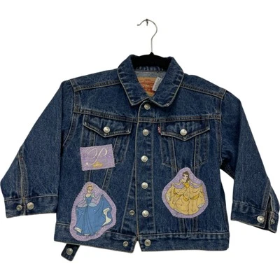 Levi's Denim Jacket Girls 4 Blue Cotton Disney Princesses Patches Aurora Belle - Image 1 of 4