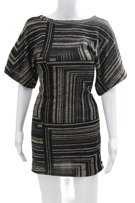 Vestido de punto estampado a rayas cuello redondo manga corta negro talla S Plenty para mujer Foto 1 de 4