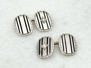 Art Deco Manschettenknöpfe 14K Weißgold schwarz Emaille doppelseitig Diamant - Bild 1 von 4