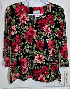 Alfred Dunner Christmas Top PL Large Petite Poinsettias Candy Canes Holiday NWT - Picture 1 of 11