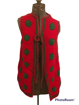 S/M De Colección Años 60 Hecho a Mano Crochet Rojo Y Verde Navidad Chaleco Abierto Hippie Boho Túnica Foto 1 de 4