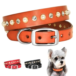 Genuine Leather Dog Cat Collar Bling Rhinestones & Pearls Studded Adjustable  - Picture 1 of 18