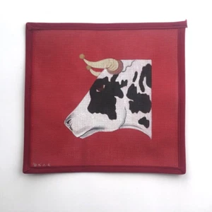 BJ DESIGNS Handpainted Needlepoint Canvas Longhorn Cattle Black White 18 Mesh - Picture 1 of 3