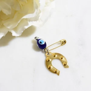 Evil Eye Greek Turkish Horseshoe Charm Gold Baby Blue Pin Baby Brooch - Picture 1 of 3