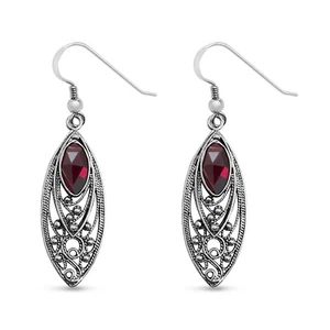 Beautiful New Sterling Silver Marquise Filigree Earrings Red Garnet Stone Israel - Picture 1 of 6