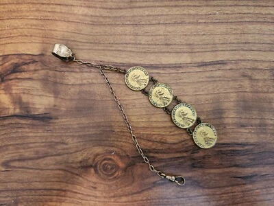 Antique Pearl Inlay Penny Pocket Watch Fob Chain Unique Hand Made Gold Filled - Image 1 of 4