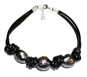 PULSERA CUERO Negro nudos 3 PERLAS Cultivadas Grises y PLATA de ley. Bolsa tela - Imagen 1 de 3