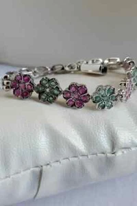 925 Sterling Silver Natural Ruby & Emerald Flower Design Handmade Bracelet Gift - Picture 1 of 15