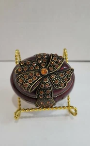 BOMBAY Jeweled Enameled Metal Hinged Ruby Red Oval Trinket Box Present w/Bow - Picture 1 of 8