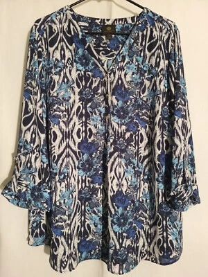 Colección JM-Azul Negro Blanco Floral Manga Larga 1/4 Botón Top Blusa Túnica-XL Foto 1 de 4