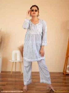 Grey Mulmul Chikankari Short Kurta Set Lucknow Chikankari Handmade Kurta Set - Picture 1 of 6