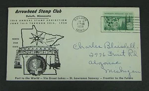 Arrowhead Stamp Club 10th Annual Ex ~ Duluth, MN ~ June 16-20, 1958 (#1106) 1st - Picture 1 of 2