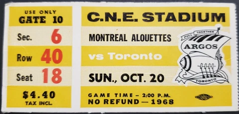 1968 C.N.E. Stadium Montreal Alouettes vs Toronto Argonauts CFL Football Ticket Cover