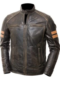 Men’s Real Leather Distressed Biker Style Motorcycle Café Racer Jacket Black - Picture 1 of 3