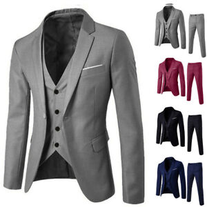 Men Suit Slim 3-Piece Suit Blazer Business Wedding Party Jacket Vest & Pants