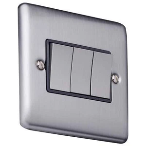 Caradok 3 gang 2 way plate switch Brushed Chrome, Metal Switch, Grey Insert - Picture 1 of 2
