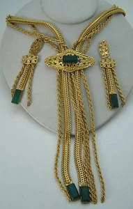 Selten Onik Gold Chrysopras Rechteck Strass Lange Quaste Halskette Ohrring Set - Bild 1 von 15