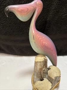 Vintage Wooden Pelican Bird Perched On Pilings Hand Carved Figurine Miniature - Picture 1 of 3