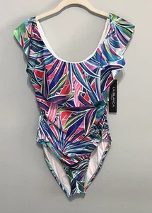 LA BLANCA Palm Print Off the Shoulder Ruffled Bandeau One Piece Swimsuit Size 10 - Picture 1 of 15