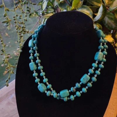 Collar Doble Hilo Cuentas Turquesa Cierre Tono Plata Foto 1 de 4