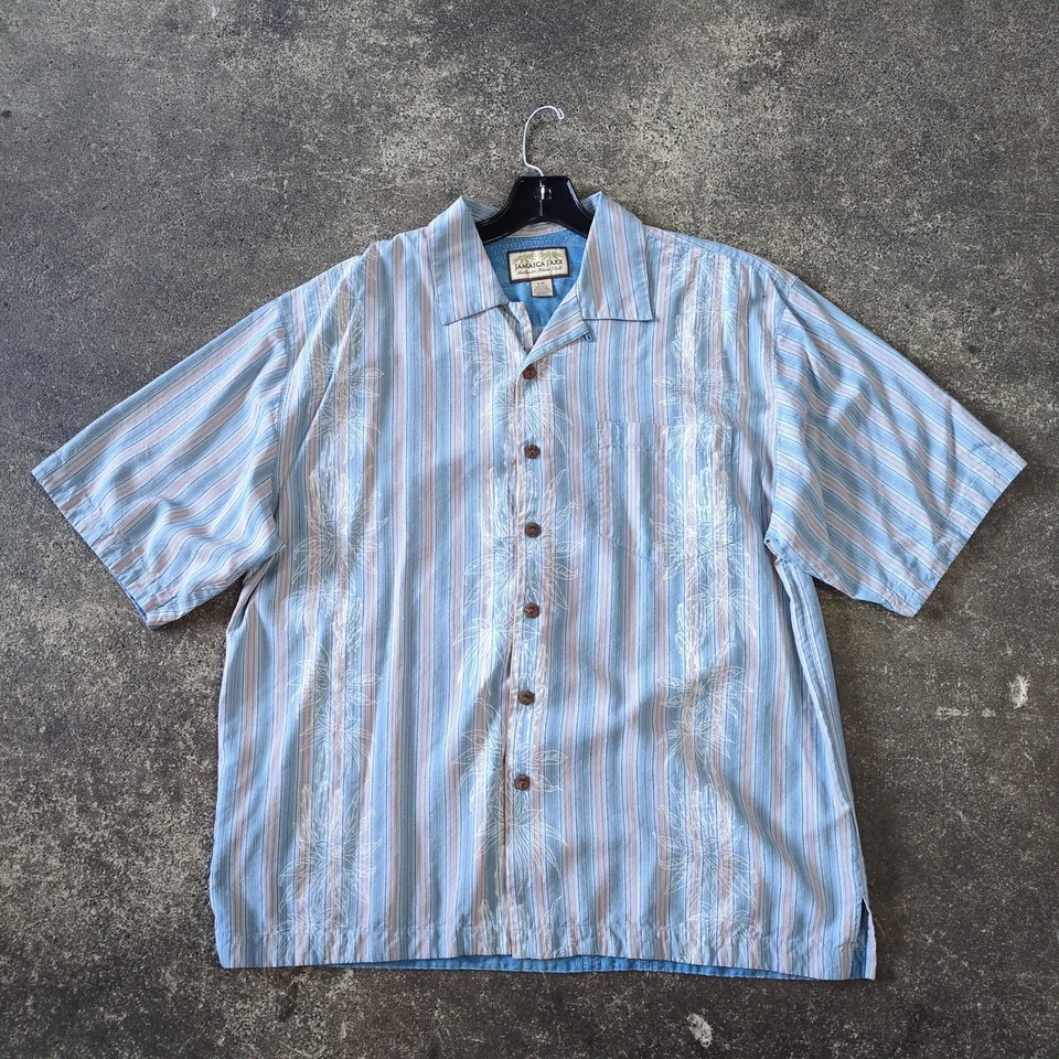 Camisa Hawaiana Jaxa Jaxx De Colección Para Hombres L Azul Claro Seda Rayas Floral Foto 1 de 4