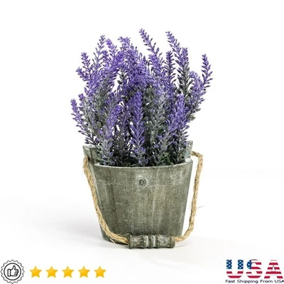 Flores artificiales realistas de lavanda en maceta de madera rústica decoración de oficina para el hogar Foto 1 de 4