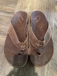 Olukai Men Sandals Nui Sz 9 Leather Flip Flop Brown EUC - Picture 1 of 8