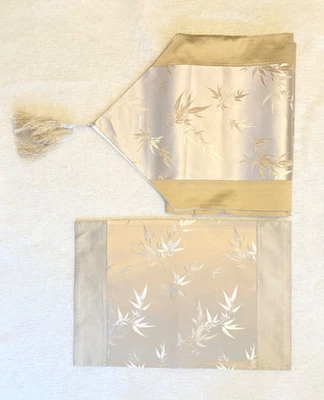 Vtg Asian Bamboo Leaves Embroidered Taupe Silver 9 Placemats Runner Tassels - Image 1 of 4
