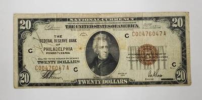 LOW SERIAL 1929 $20 Philadelphia, PA Federal Reserve Bank National Currency - Image 1 of 4