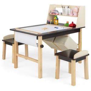 Kids Art Table & Chairs Set Wooden Drawing Desk w/ Paper Roll Storage Shelf Bins - Picture 1 of 12