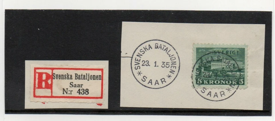 SWEDEN/SAAR Swedish battalion in SAAR Germany cancel on 5 kr stamp 1935 + label. - Image 1 of 1
